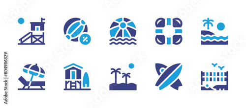 Beach icon set. Duotone color. Vector illustration. Containing lifeguard, beachhouse, beachvolleyball, beachchair, beachball, beach, surfboard, lifesaver.