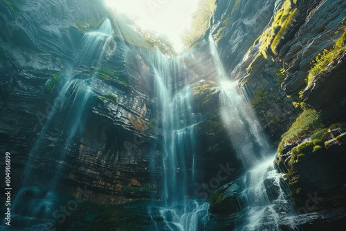 An artistic shot of a waterfall cascading down a cliff, emphasizing the majesty and raw power of flowing water 