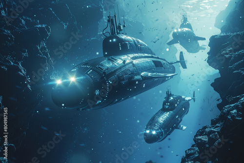 An atmospheric 3D scene of AI-controlled submarines patrolling the ocean depths 