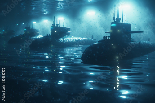 An atmospheric 3D scene of AI-controlled submarines patrolling the ocean depths 