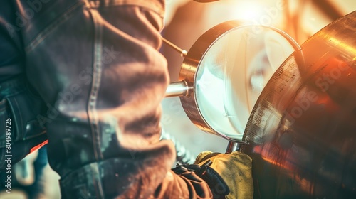 Worker inspecting a metal weld seam with a magnifying glass, close-up, clear detail, focused light.