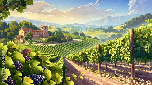 Idyllic vineyard landscape with rolling hills and farmhouse