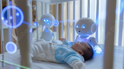 A robot babysitter is taking care of a baby in his bed. Generative Ai