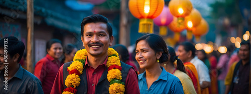 Colorful Revelry, Embrace the joyous spirit of Nepali New Year at a street festival adorned with lively paper lanterns and enchanting marigold garlands.