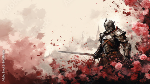 Abstract watercolor background knight with rose