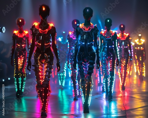 Models strut on a runway illuminated by futuristic USB port designs, merging technology with fashion
