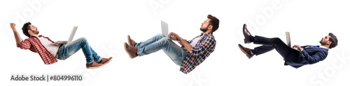 full body young man laying in the air floating while using laptop isolate on transparency background PNG