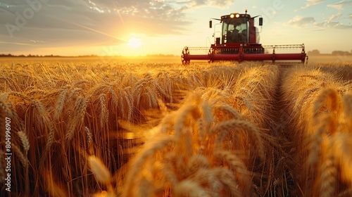 harvester collects wheat, close-up of wheat