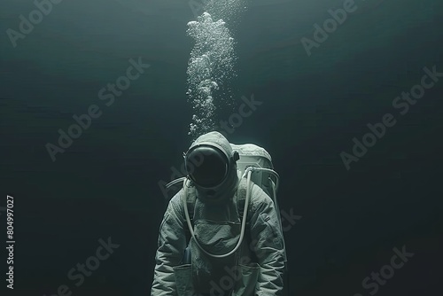 Illustration depicts a deep-sea diver enveloped in an abyss of darkness, with only the faint glow of their helmet light breaking through the inky blackness.
