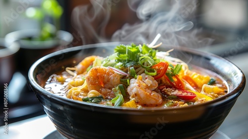 A steaming bowl of assam laksa, featuring thick yellow noodles, fish slices, vegetables, and a rich, slightly sour assam (tamarind) broth.Malay food
