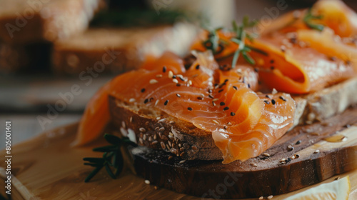 Smoked salmon slices on rustic bread garnished with herbs and sesame.