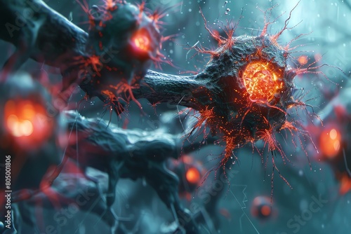 3D illustration of a neuron. The neuron is glowing and surrounded by other neurons.