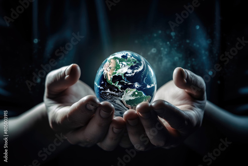 A person gently cradling a tiny replica of Earth in their palms, showing care and concern for the planets well-being