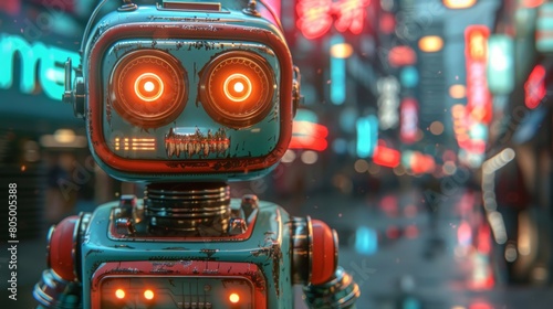 夜の路地とかわいいロボット,Generative AI AI画像