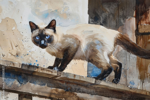 A realistic painting showcasing a Siamese cat perched gracefully on a wooden fence. The cats blue almond-shaped eyes and pointed ears are striking against the backdrop
