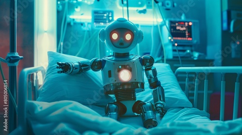 An image of a robot waking up in a bed in a hospital in shock. It's like it's not your own body. cyborg. Generative Ai