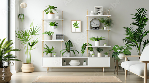 White shelving unit with decor and houseplants in style
