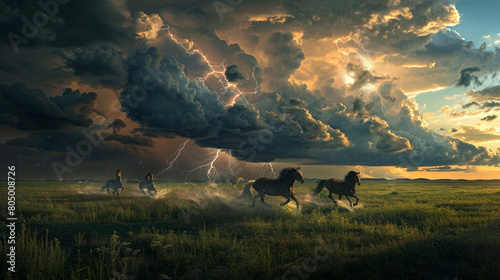 Prairie storm, dark skies, lightning, free-running wild horses.