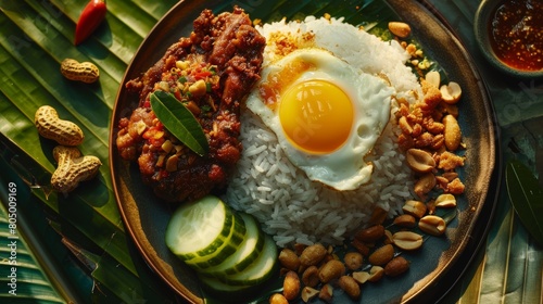 A steaming plate of fragrant nasi lemak (coconut rice) served with fried chicken, sambal, cucumber slices, a fried egg, and roasted peanuts. Capture the vibrant colors and textures on a banana leaf.
