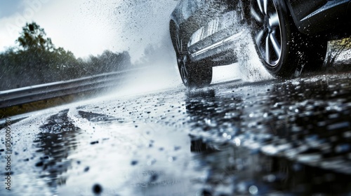 A car hydroplaning on a wet road, tires losing traction and spraying water as it careens towards a guardrail. 