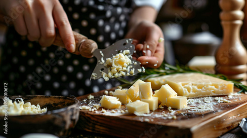 Woman preparing tasty cheese on dark background closeup