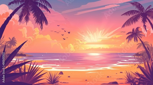 Beachfront Bliss: Sunrise Over Beach with Pink Sky