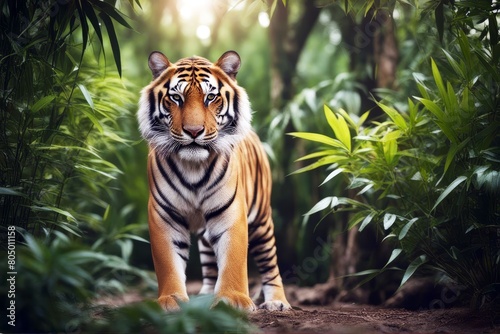 'bamboo tiger asian bengal background bushes animal mammal stripes striped fur wildlife nature look brown head jungle panthera tigris india'