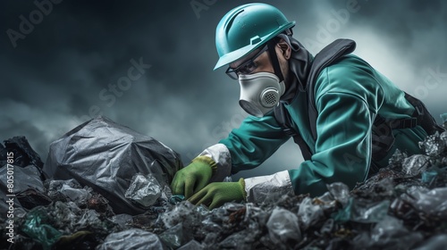 A sanitation worker wearing a hard hat, gloves, and a respirator sorts through a pile of garbage.