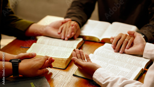 Christian friend's groups read and study the bible together in a home with window light. followers are studying the word of God in churches. Christian Bible Study Concepts.