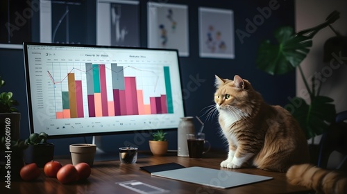 A cat in a stylish office, confidently giving a presentation with charts and graphs on a sleek board