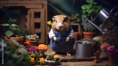 A guinea pig in gardening attire, cultivating a miniature garden paradise