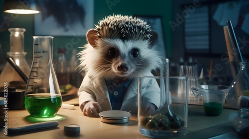 A hedgehog in a scientist's lab coat, conducting adorable experiments in a tiny laboratory