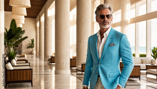 Elegant mature caucasian man in a stylish turquoise blazer posing confidently at a luxurious resort lobby, ideal for fashion and travel lifestyle content