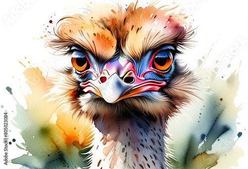 Vibrant watercolor illustration of an ostrich head, ideal for wildlife themes, creative art projects, and exotic bird-related content