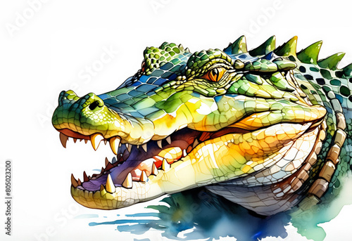 Vibrant watercolor illustration of a detailed crocodile head, ideal for wildlife themes, nature educational materials, and World Wildlife Day promotions