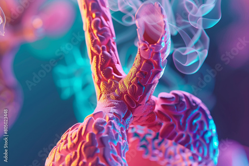 Close-up of a 3D model illustrating the obstruction in the airways caused by chronic asthma, highlighting the concept of respiratory health challenges 