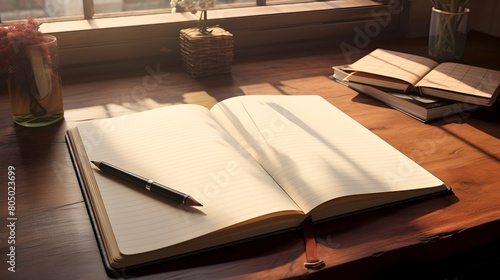 A pristine, open notebook with empty pages on a tidy desk