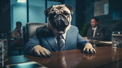 A pug dressed in a suit and tie,