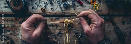 Intricate Detail of Tying a Fishing Knot Amidst Array of Fishing Equipment