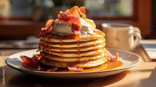 A golden stack of fluffy pancakes drizzled with maple syrup and topped with a dollop of whipped cream, accompanied by a side of crispy bacon.