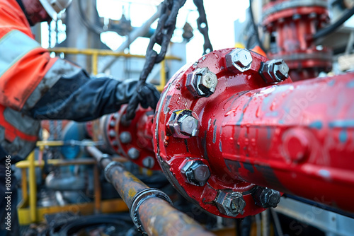 Close-up of a blowout preventer being installed, a critical safety mechanism in the high-stakes world of oil drilling 