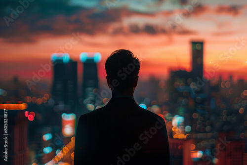 Close-up of a businessperson's silhouette pondering over a cityscape at dusk, contemplating economic recovery 
