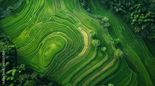 Aerial view of lush green terraced rice fields with a pattern resembling contours on a topographic map, surrounded by trees in a rural landscape.