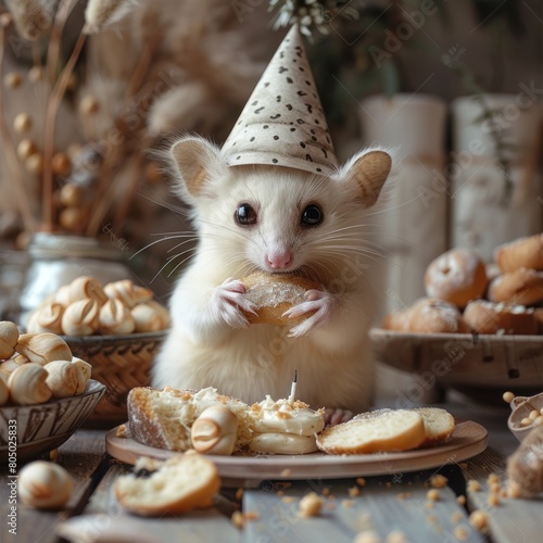 Cute animal sugar glider celebrating birthday wearing a simple conical hat and facing birthday cake bread, cute and chubby mammal animal