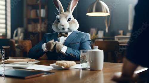 An elegant bunny in a tailored suit, negotiating deals and contracts in a refined office setting