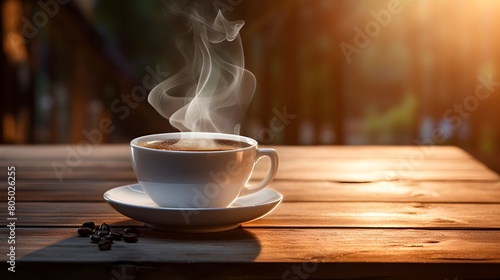 An elegant cup of steaming coffee on a rustic wooden table, capturing the rich aroma and warmth