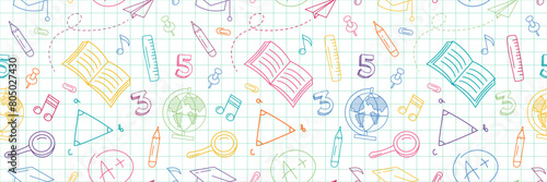 Back to school Background. Seamless Pattern with Doodle supplies. Children colorful Background with scribble. Back to school concept banner and background. Doodles with Colored Pencils in Notebook