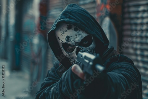 A person wearing a mask and holding a gun in a threatening manner, with a hood covering their head
