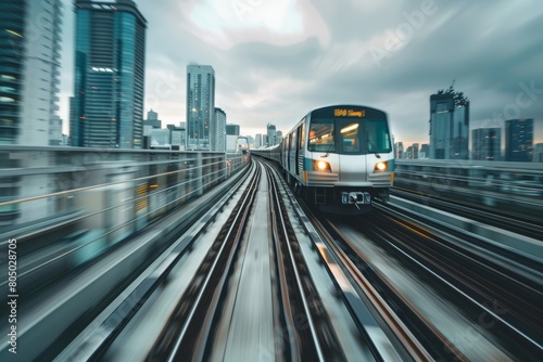 A modern electric train is smoothly gliding through a city landscape filled with tall buildings. The trains sleek design contrasts with the urban architecture around it