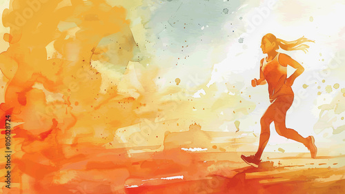 Watercolor painting of woman athlete in motion, running under the bright sun. Orange splashes. Sport photography with copy space. Marathon runner, joggers. Happiness from sport outdoor, summer sports